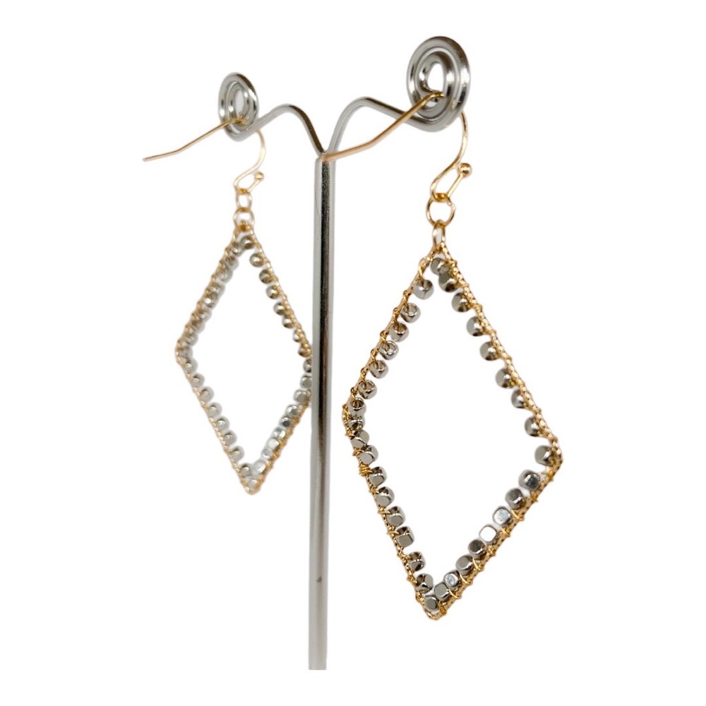 Gold Dangle Diamond Shape Earrings with Silver Beads